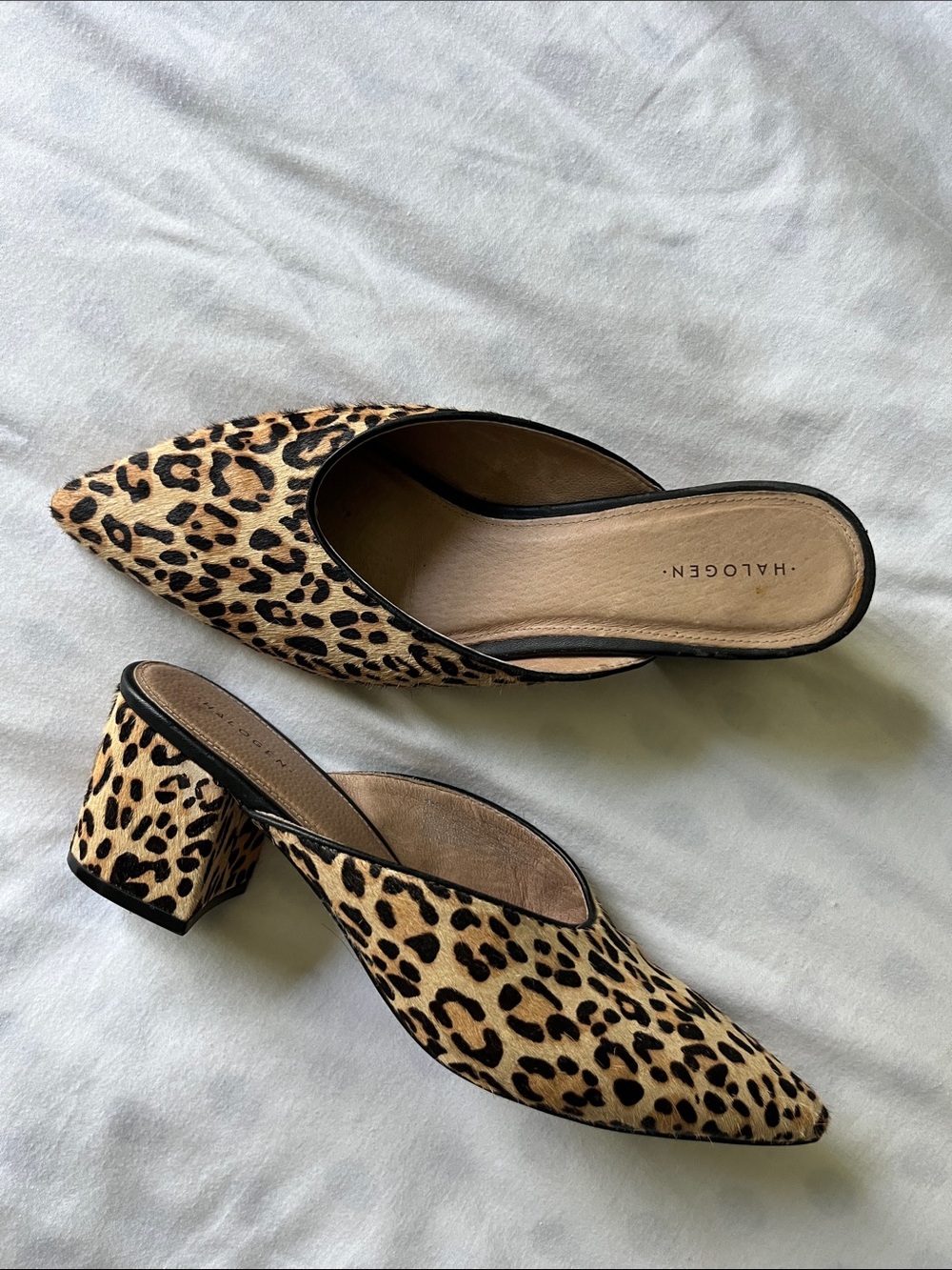 Halogen Leopard Print Pointed Toe Block Heel Mules - Tan & Black